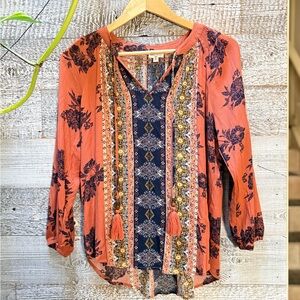 Mason & Belle | Boho V-Neck Blouse w/ 3/4 Sleeves - Women's S, Pink/Blue